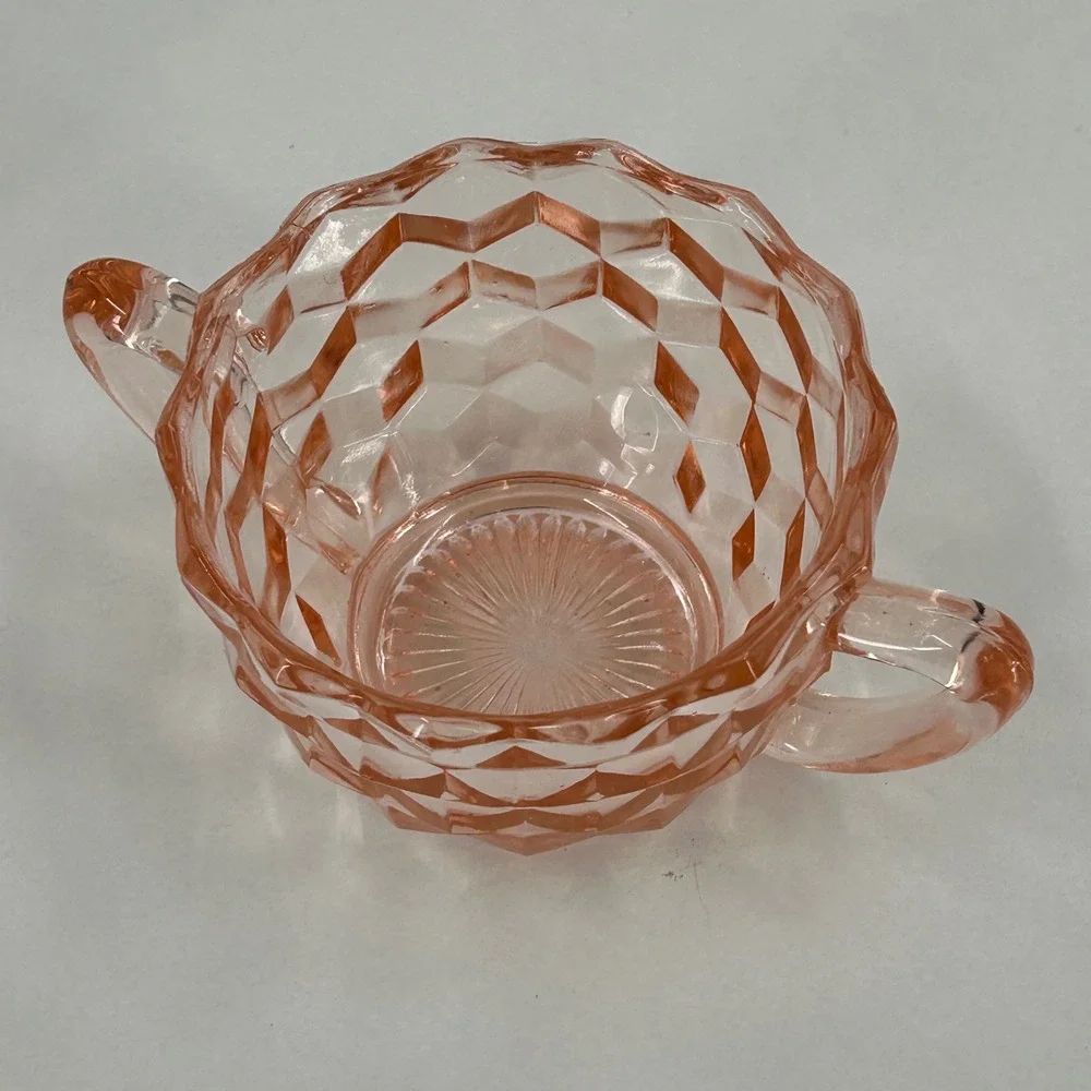 Vintage Pink Depression Glass Creamer and Sugar Bowl Set Diamond Point Pattern